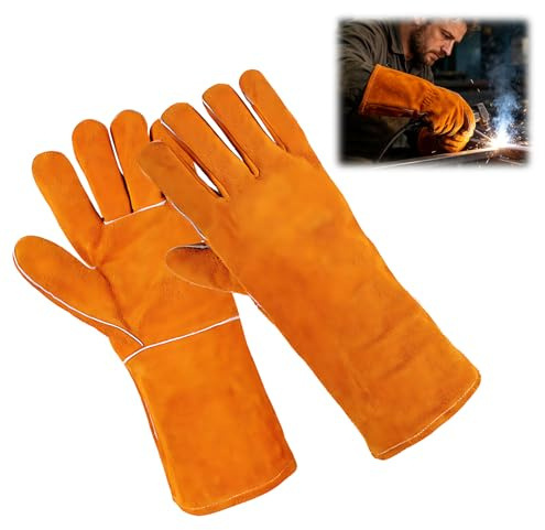 Guantes de Soldadura de Cuero de Vaca Amarillo Doble Capa, Ignífugos y Resistentes al Calor, Forro de Tela Suave en la Palma, Mangas Largas para Barbacoa, Soldadura, Chimenea y Horno