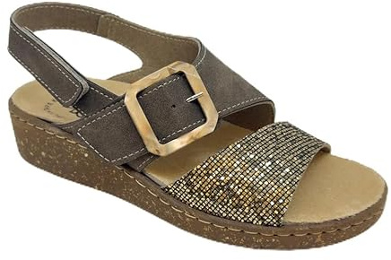 3Rose 391 Sandalo Donna in Ecopelle e Glitter - Doppia Regolazione con Fibbia e Cinturino - Calzata Personalizzabile con Comfort Anatomico - Con Plantare Estraibile in Pelle (Taupe, 37)