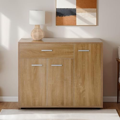 IDIMEX Meuble à Chaussures Camille, Commode Meuble de Rangement avec 1 tiroir et 3 Portes avec 7 tablettes intérieures, en mélaminé décor chêne Sonoma