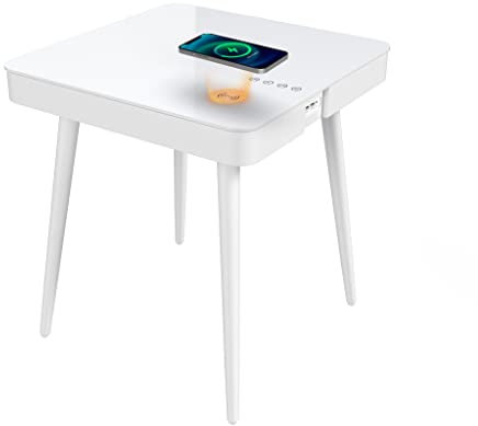ATLASIO Beistelltisch mit Bluetooth Lautsprecher & Wireless Charger, Couchtisch mit smartem Touchpad, USB- & AUX-Anschluss, Beistelltisch mit induktiver Ladestation, weiß