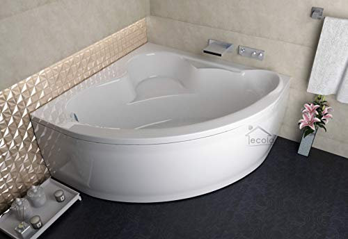 ECOLAM symmetrische Badewanne Eckbadewanne Standard Acryl weiß 130x130 cm + Schürze Ablaufgarnitur Ab- und Überlauf Automatik Füße Silikon Komplett-Set (130 x 130 cm)
