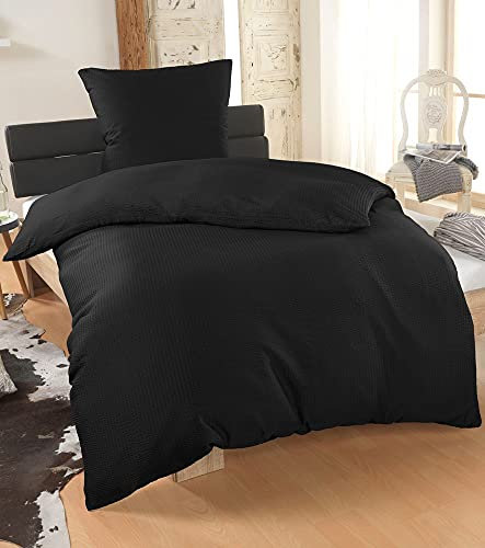 MALIKA® Bettwäsche Seersucker 155x220 mit 80x80 Kissenbezug | ÖkoTex Standard 100 | Fein Seersucker Bettwäsche aus Mikrofaser | Sommerbettwäsche bügelfrei & pflegeleicht (Schwarz, 155x220 + 80x80)