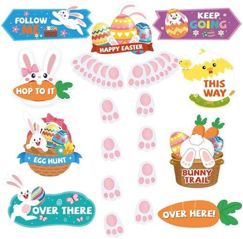 AhfuLife 29 Pcs Segni di Caccia alle Uova di Pasqua, Kit di Frecce di Caccia Pasquale, Cartello in Legno di Pasqua, Impronte di Coniglietto, Decorazioni Pasquali per Il Giardino e Il Cortile
