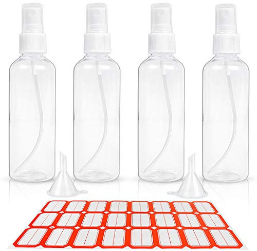 XYGK 100ML Sprühflasche Klein, 4 Stücke Transparente Nebel-Sprühflaschen aus Plastik mit 2 Trichter, Zerstäuber Sprühflasche mit leerem Label, Reisezerstäuber für Parfüm, Kosmetikum, Wasser