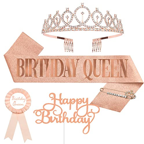 Birthday Decorations for Women Including Birthday Sash & Pin, Crown, Birthday Cake Topper, Birthday Pin Button. Queen Sash and Birthday Tiara for Women and Grils. (Rose Gold)