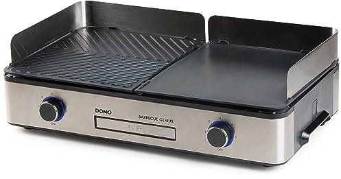 DOMO DO9259G Barbecue Genius – Barbacoa eléctrica de mesa con 2 zonas de temperatura – 2400 W – Parrilla de contacto y parrilla Panini – Negro