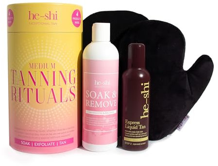 He-Shi Fake Tan Kit - Tanning Rituals Gift Set - Includes Luxurious Bath Soak, Exfoliating Mitt, Hydrating Glycerin & Express Liquid Tan for a Streak-Free Golden Gl