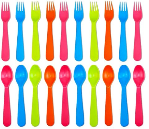 Jawbush 20 Pcs Kids Plastic Utensils Kids Forks and Spoons Set, Reusdable Toddler Silverware Cutlery Set with Bright Colors Ideal for School Lunch Box or Travel, Size also for Adults, BPA Free
