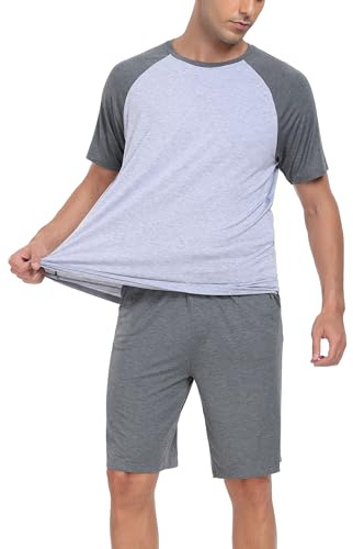 COLORFULLEAF Pijama corto de bambú para hombre, traje de casa de verano con cuello redondo de manga corta para hombre, A-bambú_gris oscuro, XL Grande