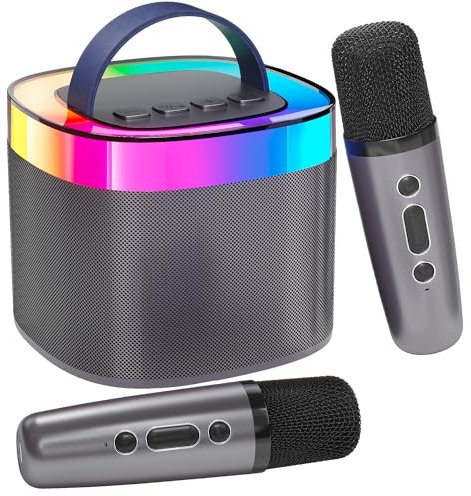 Ankuka Máquina de Karaoke portátil Bluetooth, Altavoz de Karaoke Bluetooth con 2 micrófonos, Pastillas y Luces LED para Fiestas, Regalos para Amigos, Color Negro