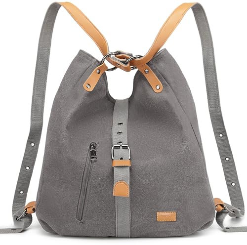 KONO Canvas Handtasche Damen Rucksackhandtaschen Rucksack 2 in 1 Anti Diebstahl Taschen Verstellbare Schultergurte für Alltag Büro Schule Ausflug Einkauf(Grau)