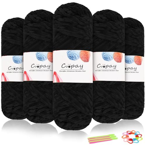Coopay Lana di ciniglia in velluto per uncinetto, 500 g (5 x 100 g) di velluto di ciniglia, spessa per lavorare a maglia, morbida e vellutata, con accessori all'uncinetto, per sciarpe, coperte, colore