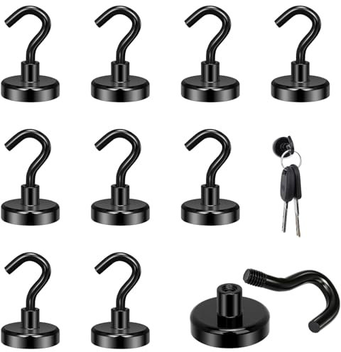 Crochets Magnétiques, 10 Pièces de Crochets Magnétiques, 16mm Magnetic Hooks Sans Poinçonnage, Crochet Magnétique Force D'adhérence, pour Portes en fer Réfrigérateurs Cuisine Penderie, Noir