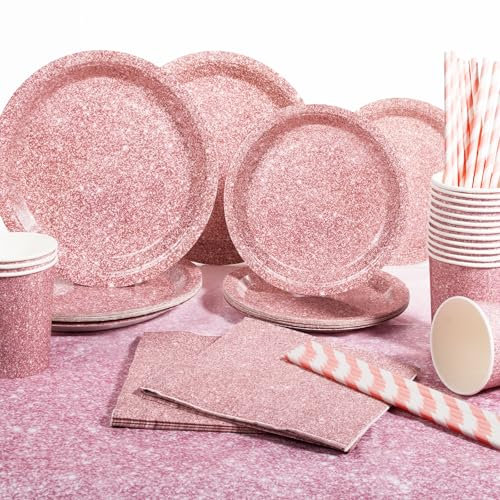 Yidaxing 81 Pcs Vajilla de Cumpleaños Oro Rosa Brillo, Platos de Fiesta Desechable Purpurina Rosa, Tazas Pajitas Servilletas Mantel para Fiestas Aniversario Bodas Navidad (Sirve 16)
