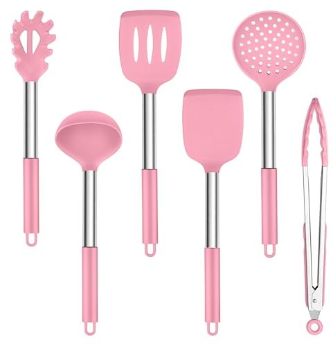 TEAMFAR Köksredskapsset, 6 stycken silikonköksredskap stekspade med handtag i rostfritt stål, värmebeständigt non-stick köksbestick köksset för matlagning, lätt att rengöra och diskmaskinssäker, rosa