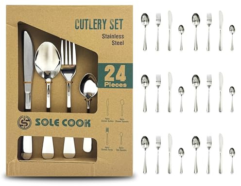 GEM+ | 24-Piece Stainless Steel Cutlery Set – Silver Flatware Set for 6 – Premium Quality, Rust-Resistant, Dishwasher Safe – Knife, Fork, Spoon Set for Home, Kitchen, Dining, Tableware