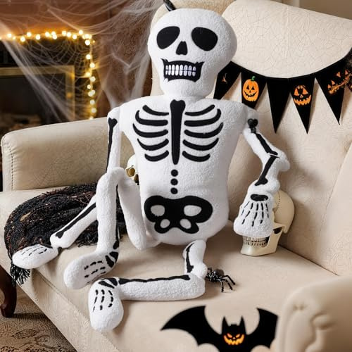 Lanpn Halloween Esqueleto Almohada, Felpa Esqueleto Cojín Decorativo Suave Skeleton Cushion para Regalo Party Sofá Sofa Couch Decoración Interiores Halloween (Blanco, 107x38cm)