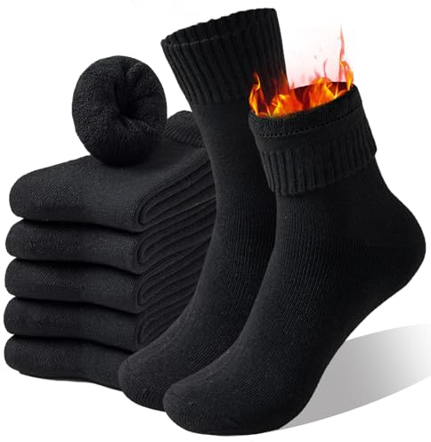 Josnown 5 Pairs Men's Thermal Socks - Thick Cushioned Lining, Cosy Warm Winter Wool Crew Boot Socks for Working, Hiking, Walking, Skiing, Indoors and Outdoors, UK Sizes 6-11.