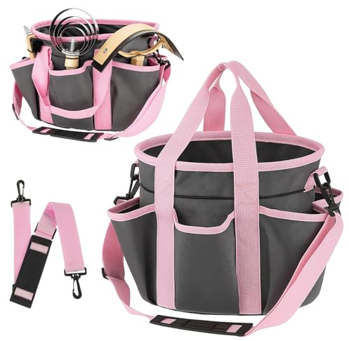 Abbylike Grooming Tote Bag for Horses and Dogs Organize Tack Tools Equestrian Grooming Kit Care Portable with Multiple Pockets for Supplies(Stylish,10.63 x 10.63 x 9.45 Inch,Grey and Pink)