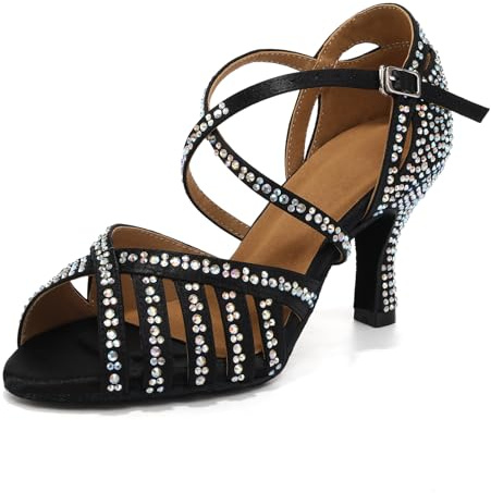 ZYXWVU Scarpe da Ballo Latino da Donna con Strass Salsa Bachata Tango Pole Feste,2225-nero-7.5cm Heel,38 EU