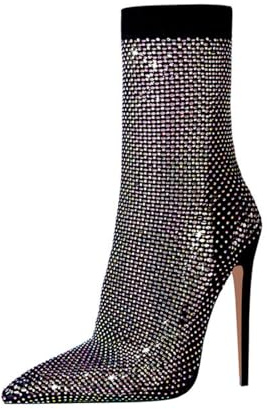 KKdhsfy Stivali da Donna con Tacco a Stiletto, Punta affilata e Rete con Strass – Stivali calzino Glitter Sexy per Feste, Serate e Club,Nero,39 EU