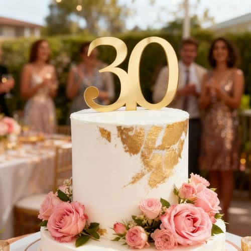 Acrylic Thirty Cake Topper, Gold Number 30 Cake Toppers, Happy 30th Birthday Cake Decoration, Hello 30, 30th Anniversary Party Cake Pick Decorations Supplies