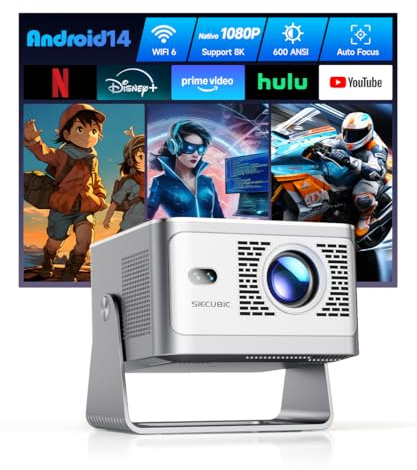 SIECUBIC Mini Proiettore Portatile, Videoproiettore 4K Full HD 1080P, 600 Lumen ANSI, Android 14 WiFi 6 Bluetooth 5.4, Correzione di Distorsione e Foco Automatico, Cinema Casa Interno ed Estern