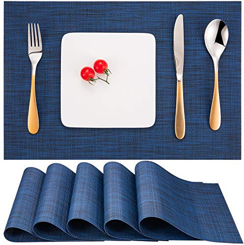 Myir JUN Tischsets Abwaschbar 6er Set, Gewebte Platzdeckchen rutschfest Abgrifffeste Hitzebeständig, Vinyl Platzsets Abwaschbar für küche Speisetisch Hotel, Platz-Matten 30x43.5cm (Blau 2)