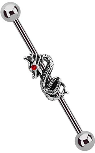 Industrial Piercing Oreja 316l Acero Vara En 1,6 MM con Dragón - Plata
