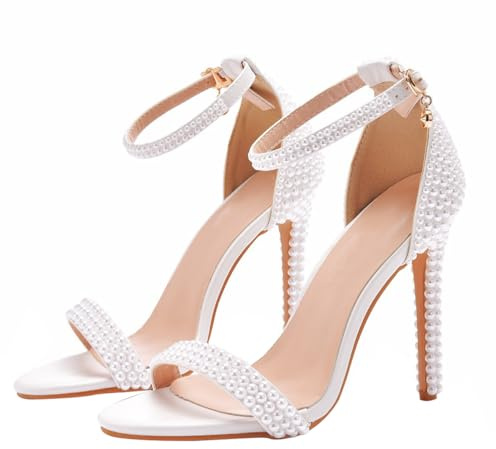 Vaguelly Sandalias de mujer con tacón de penique, perlas de verano, correa en el tobillo, tacón alto, zapatos de fiesta, novia