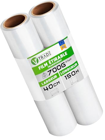 V1 Trade Plastfolie Transparent – 2x 150 m x 40 cm Rulles – Sträckfilm 23 mikron – Flyttfilm för Möbler – Emballagefilm för Packning