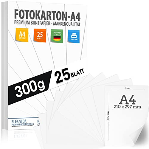 25 BLATT weisser Bastelkarton 300g/m² – PREMIUM PAPIER Reinweiß - DIN A4-21 x 29,7 cm - Druckerpapier Weiss unbedruckt für Fotografie, Präsentationen,Basteln, FOTOKARTON, Karton - MADE IN GERMANY