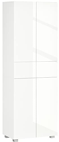 HOMCOM 4-Door Kitchen Cupboard, Tall Freestanding Storage Cabinet with 3 Adjustable Shelves, 2 Drawers for Living Room, Dining Room, Push to Open Design, High Gloss White