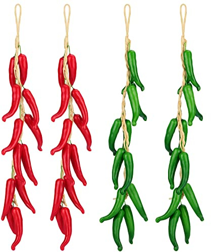 Sotiff 4 Pcs Chili Pepper Decorations Chili Pepper String Mexican Kitchen Decor Wall Hanging Artificial Vegetable Lifelike Red & Green Fake Simulation Fruit Garland Vine for Mexican Home Kitchen Decor