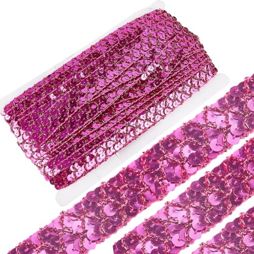 GORGECRAFT 13M*2cm Cinta de Lentejuelas Adorno 3 Filas Plana Paillette con Brillo Manualidades de Tela Lentejuelas Metálicas de Color Rosa Profundo Banda Rollo Recorte para Vestido Embellecer Diadema
