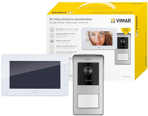 VIMAR K42910 Kit videocitofono monofamiliare da parete con con tastiera capacitiva, alimentatore multispina, targa audiovideo RFID, staffe per fissaggio, tradizionale