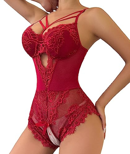Body Sexy Femme érotique Ouvert Entrejambe Grande Taille Bodysuit Transparent Femme Dentelle Dos Nu Bretelles Lingerie Sexy Femme Coquine Hot Justaucorps sans Manches Pas Cher (Red, S)