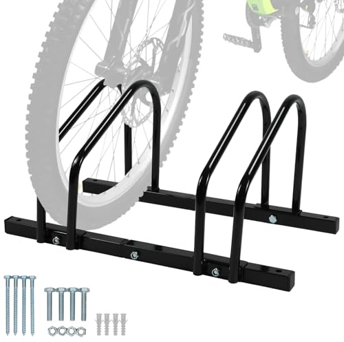 QWORK Sturdy 2-Bike Floor Stand, Powder-Coated Steel Bike Rack for Indoor/Outdoor Use, Compatibility with 22-28 Inch Wheels, Max Tire Width 2.15 Inch
