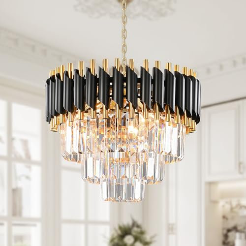 AHXIAOZN Lampadario Moderno di Cristallo, 15.7 Nero e Oro Lampada a Sospensione 3-Tier Per Sala Da Pranzo, Soggiorno, E14 x 5 Luci