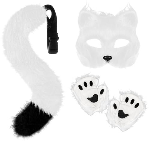 XEPST Furry Fox Wolf Cosplay Set with Mask Tail Paw Gloves, Animal Cosplay Costume Kit for Anime Fancy Dress Accessories Halloween Christmas Dress Up Carnival Role Play Party Supplies, White