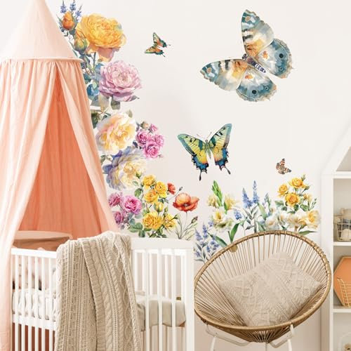 SHUCHING Pegatinas de Pared Flores de Peonía, Vinilos Decorativos Mariposas Grandes, Vinilo Adhesivo Pared Salón Dormitorio Habitación