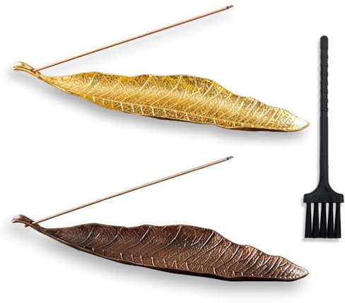 LLMtn Set da 3 pezzi, composto da 2 incensi a forma di foglia in metallo e 1 spazzola per cenere (rame x1 oro x1)