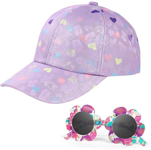 BTHRORO Casquette de Baseball Lunettes de Soleil pour Enfant, Coeur Réglable Casquette Pare-Soleil Chapeau avec Trous d'aération Lunette de Soleil UV400 Casquette d'été pour Fille