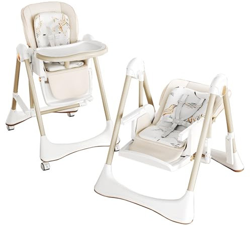 Magic ZC Modo de Comedor 2 en 1 y Modo Swing Trona para Bebé Silla de Comedor para con 5 Alturas Ajustables y 3 Posiciones Reclinables Convertible Plegable Multifuncional (8121 White)