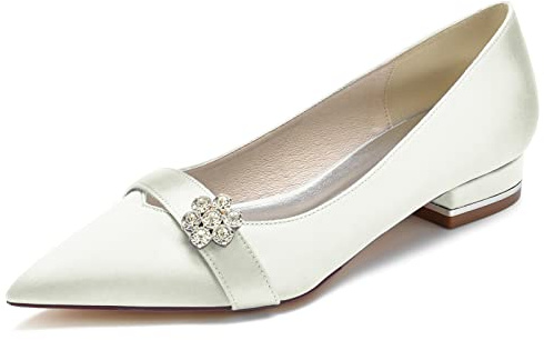 TNMIUH Chaussures de Mariage Plates en Satin Confortables pour mariée, Chaussures de mariée à Fleurs en Cristal Scintillant pour Femmes, pour Mariage, Robe, fiançailles,Ivoire,38 EU
