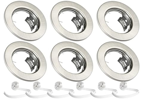 JungesLicht 6er Set Einbaustrahler gebürstet mit GU5.3 MR16 Keramikfassung, Außendurchmesser 80mm, Bohrdurchmesser 55mm bis 68mm passend, Deckenstrahler, Einbauleuchte, Deckenspots, ohne Leuchtmittel