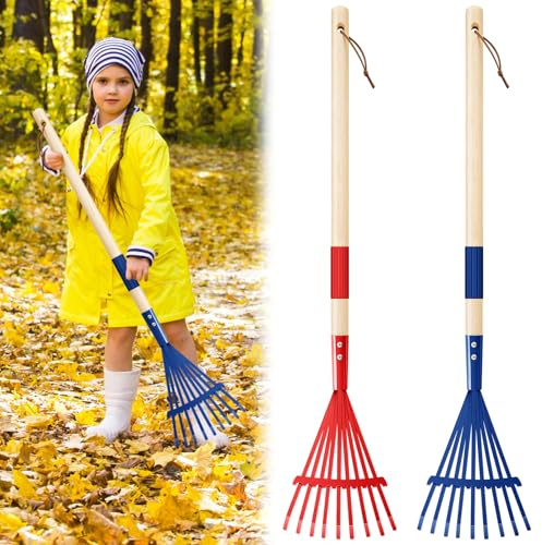 2 Pcs Kids Rake Small 27inch Wood Handle Leaf Rake with Colorful Metal Tine
