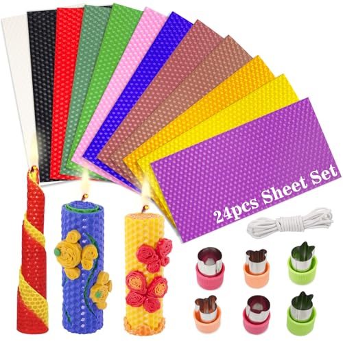 Velas de cera de abejas, láminas de cera para velas, 24 piezas de láminas de cera de abejas de colores para velas (20 * 10 cm) con mecha de algodón y 6 cortadores para hacer velas de bricolaje