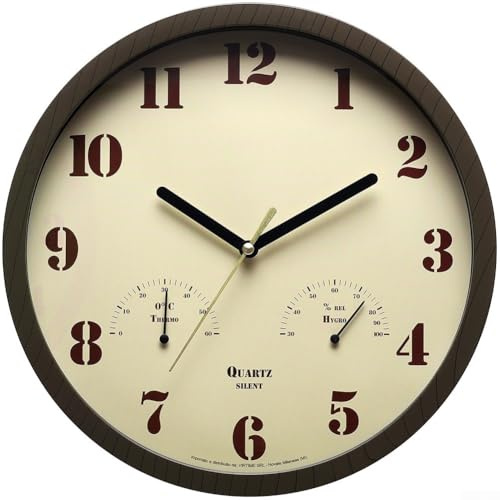 Horloge d'extérieur fonctionnelle avec thermomètre et hygromètre intégrés, idéale pour les jardins et les piscines (marron foncé)