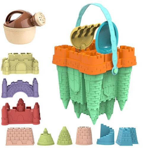 Sand Castle Building Kit, 14PCS/Set Plastic Beach Toys with Sand Castle Molds Shovel, Portable Sandbox Toys for Kids Gifts, Beach